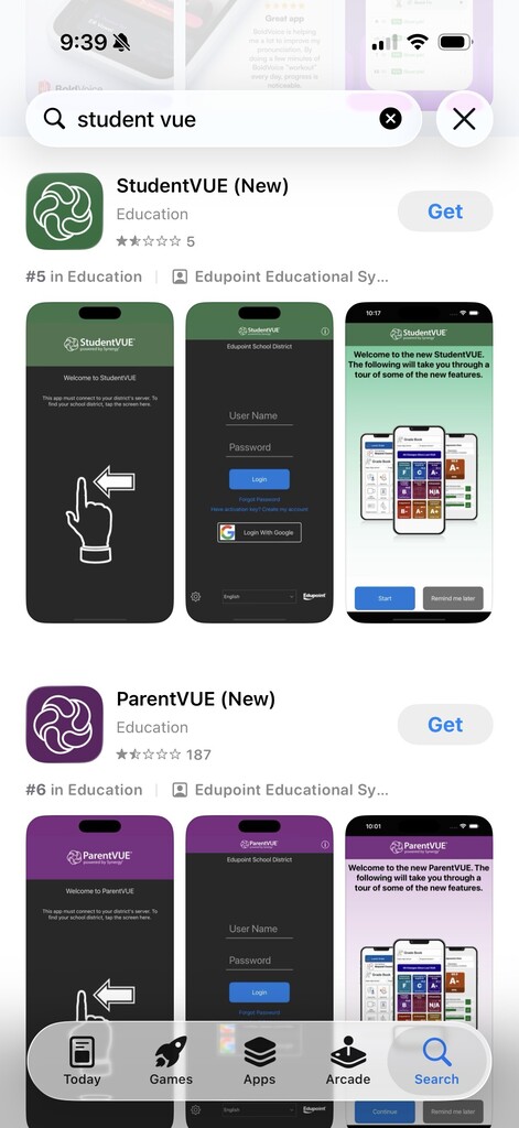 ParentVue and StudentVue Apps screenshot.