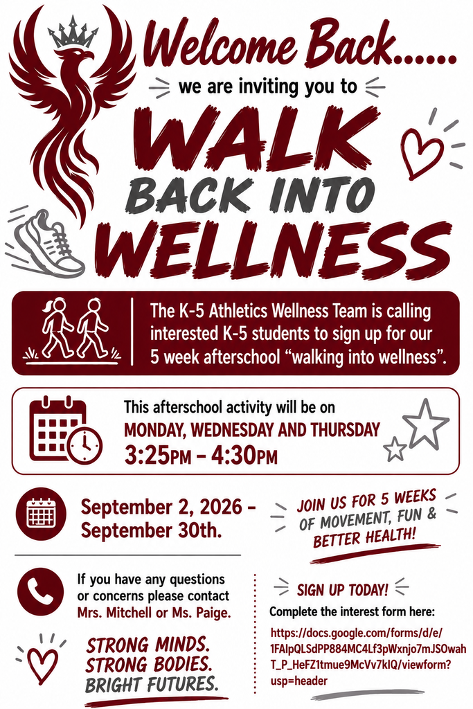 Flyer with phoenix and tennis shoes offering information on a walk to wellness program for kindergarten - 5th grade students that runs from September 2-September 30 