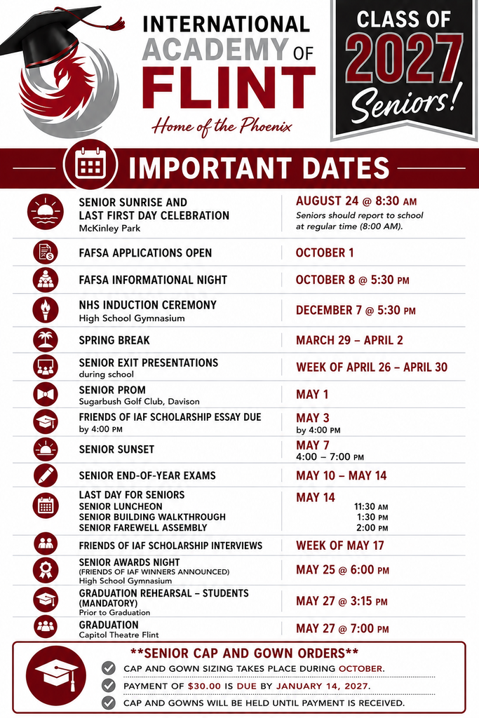 Senior calendar of events for the International Academy of Flint Class of 2027