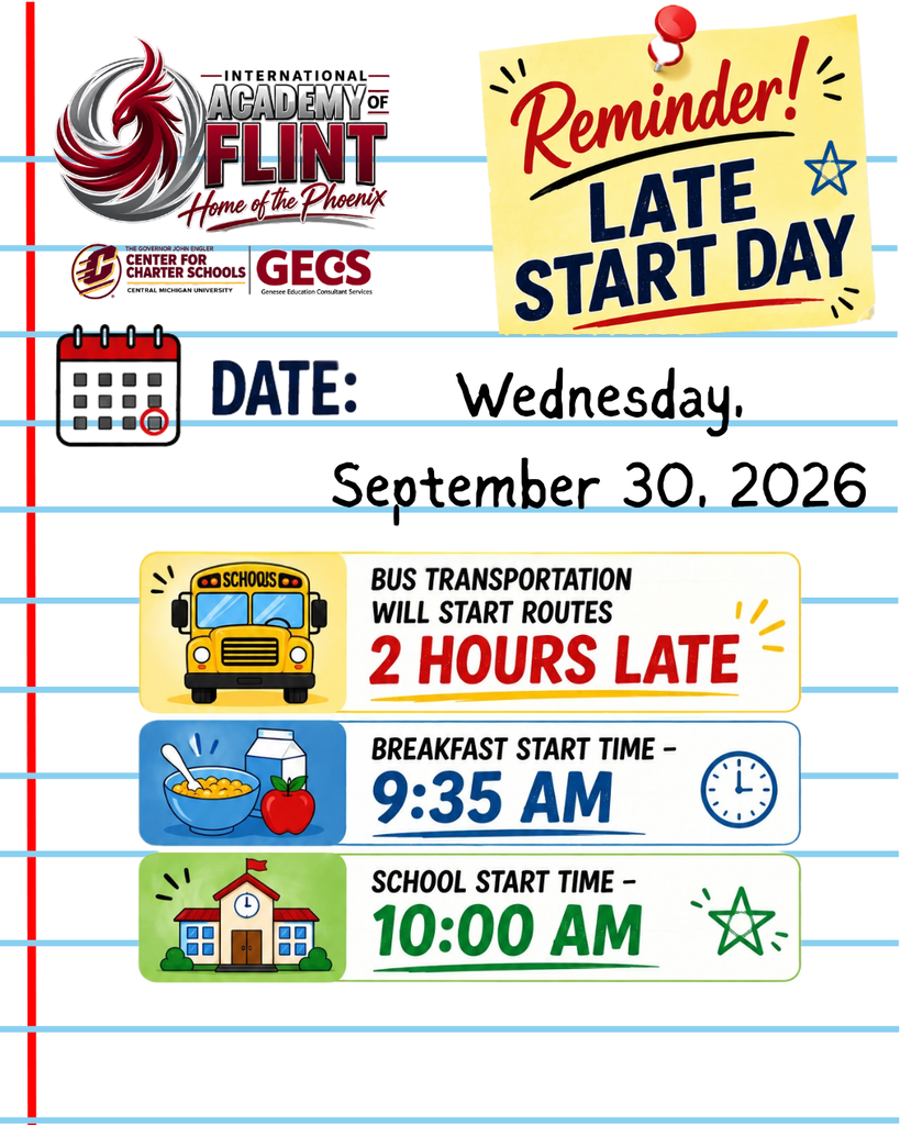 Late Start Day reminder graphic. The graphic states that bus transportation will start routes 2 hours late, breakfast begins at 9:35 AM, and school begins at 10:00 AM. The school’s Phoenix logo and school branding appear at the top.
