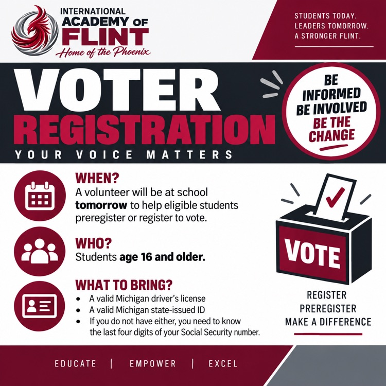 IAF voter registration flyer. A volunteer will be at the school Tuesday, September 15 to help students age 16 and older preregister or register to vote. Students should bring a valid license, id, or  know the last four digits of their social security