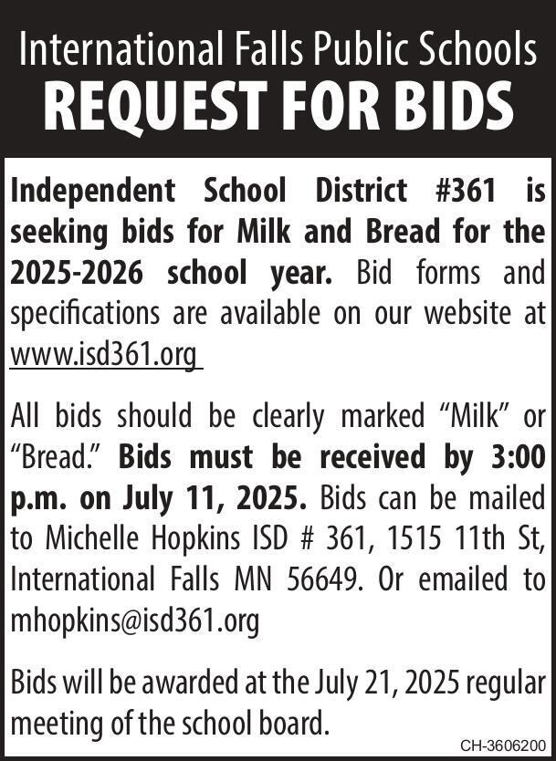 ISD 361 request for bids for milk and bread flyer