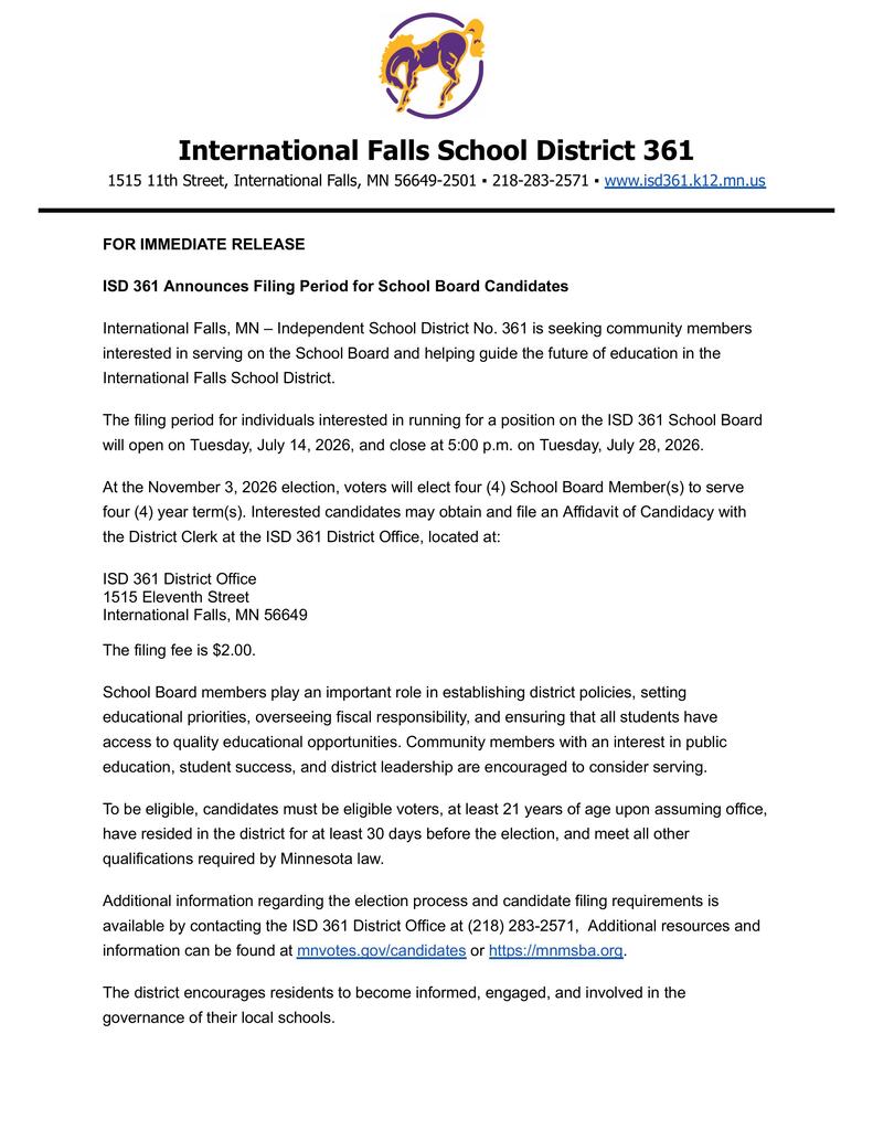 School Board Filing Period Announcement