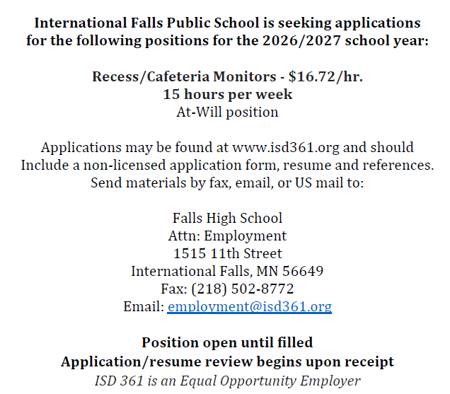 Recess/Cafeteria Monitors 8.4.26
