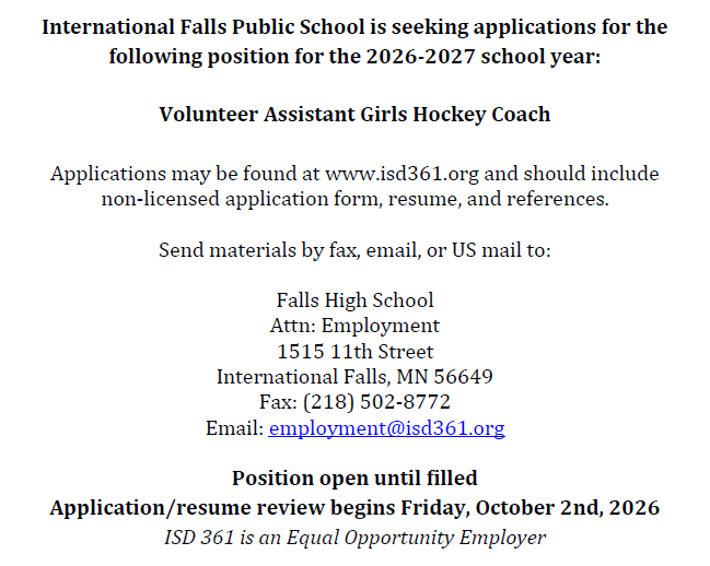 Volunteer Assistant Girls Hockey Coach 9.21.26
