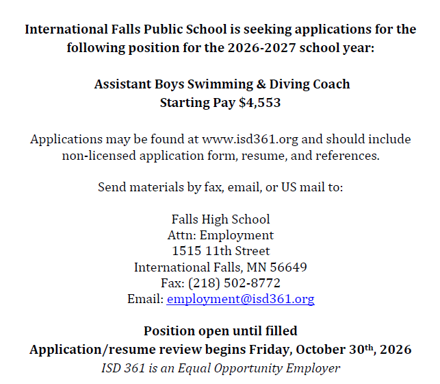 Assistant Boys Swimming & Diving Coach 10.13.26