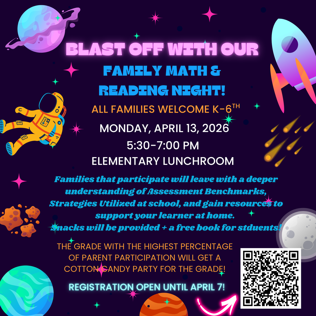 In the spirit of ISASP testing week - let's talk about reading and math! We’re excited to welcome our elementary families for an engaging evening of learning together at the 2026 Reading & Math Night! Families with students in grades K-6th will participate in hands-on reading and math sessions designed to mirror what students experience in the classroom. Register by April 7th. Please note these event details: - Date: Monday, April 13 from 5:30–7:00 p.m. - Location: Elementary Lunchroom/Commons - 4 total sessions will be offered and families will choose 2 sessions to attend - Reading sessions will be tailored for younger and older students - Math sessions are designed for all grade levels - Each student has the chance to take home a FREE book - All students must be accompanied by a guardian - BONUS - the grade with the highest percentage of participants will earn a cotton candy party for their grade!