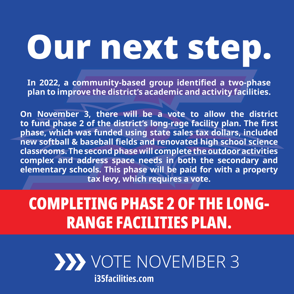 Residents of the I-35 Community School District will have the opportunity to vote on November 3, 2026 to allow the district to take on debt to complete the second phase of academic and activities improvements that began in 2022 with the softball and baseball fields and science classroom renovations.  The proposed projects will complete the outdoor activities complex and address space needs in both the secondary and elementary schools. All projects were identified as high priorities by the community. Find out more at www.i35facilities.com 