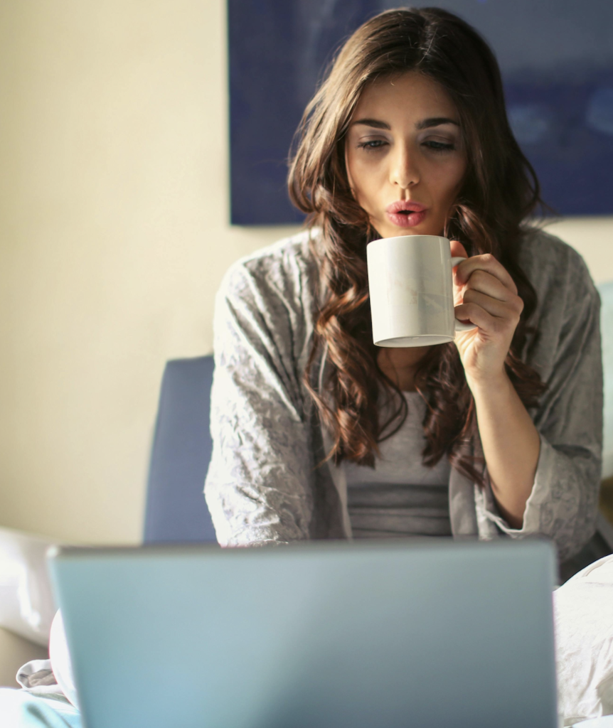 A woman works from home.