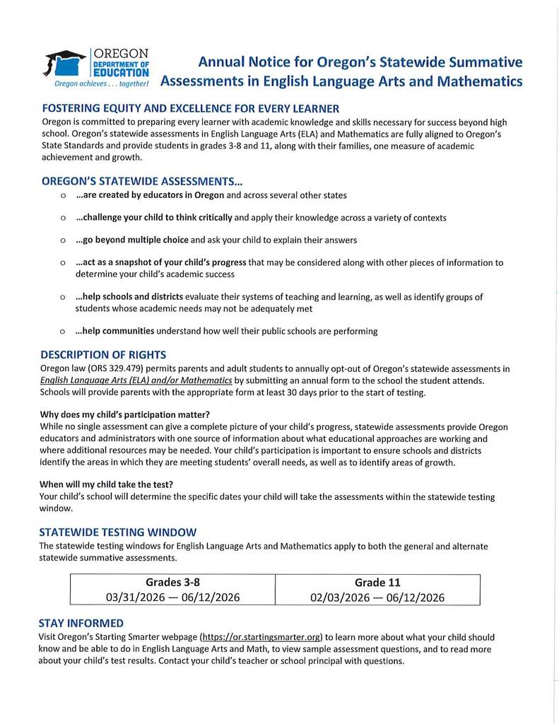 State Testing Notice