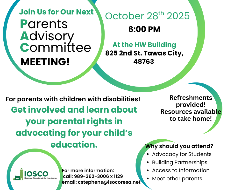 Flyer describing that the first PAC meeting will be held on October 28th at 6PM at 825 2nd St. Tawas City, MI. 