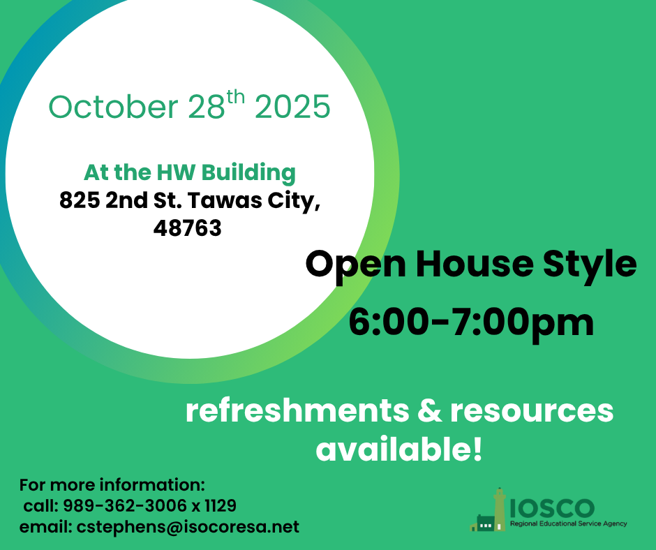 A flyer sharing that the first PAC meeting is October 28th, 2025 at 825 2nd St. Tawas City, 48763 from 6:00-7:00pm in an open house style. Refreshments and resources available! For more information or questions call Chelsea Stephens at 989-362-3006 x 1129 or email cstephens@ioscoresa.net