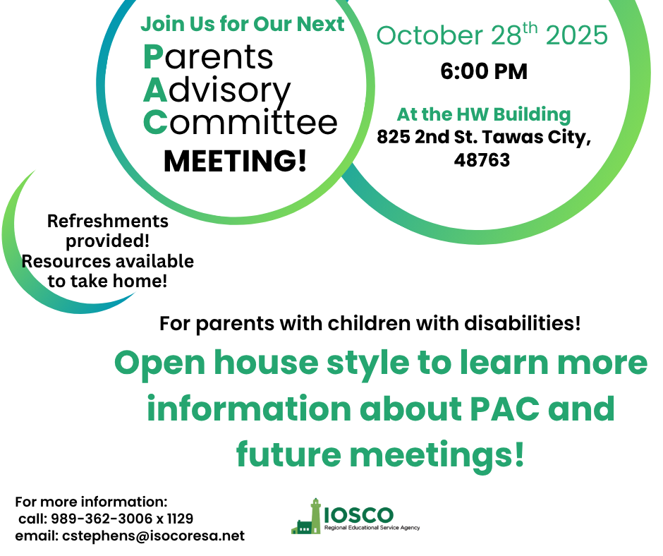 Flyer describing that the first PAC meeting will be held on October 28th at 6PM at 825 2nd St. Tawas City, MI. 