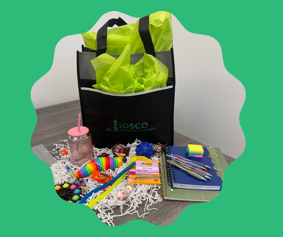 Image showing the drawing prize: an Iosco RESA Bag with fidgets, post-it notes, a planner,  a notebook, pens, and a cup.