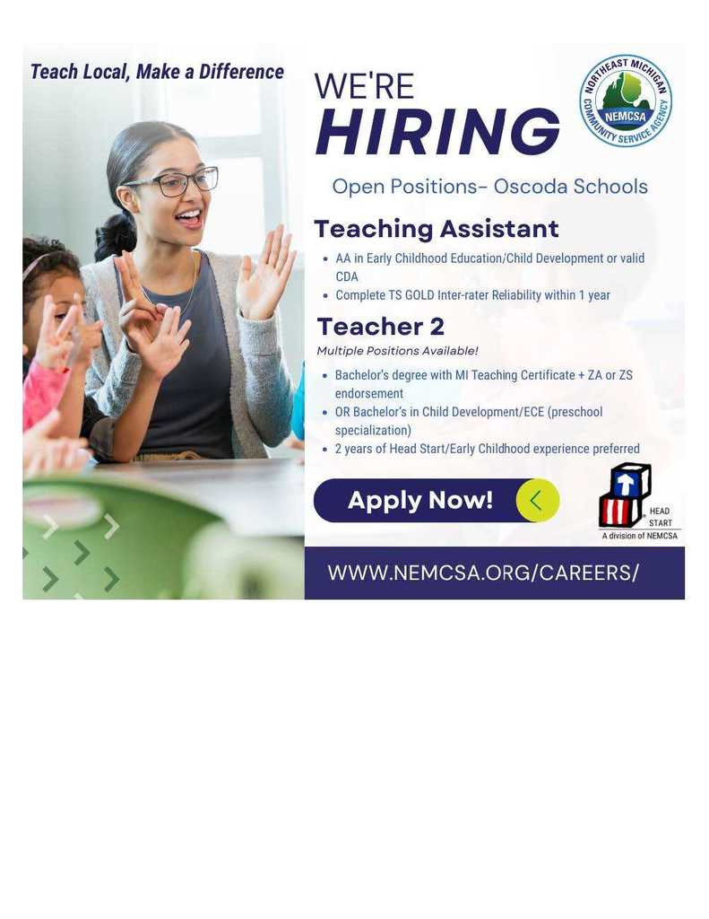 Flyer with job opportunity for a teacher and teaching assistant