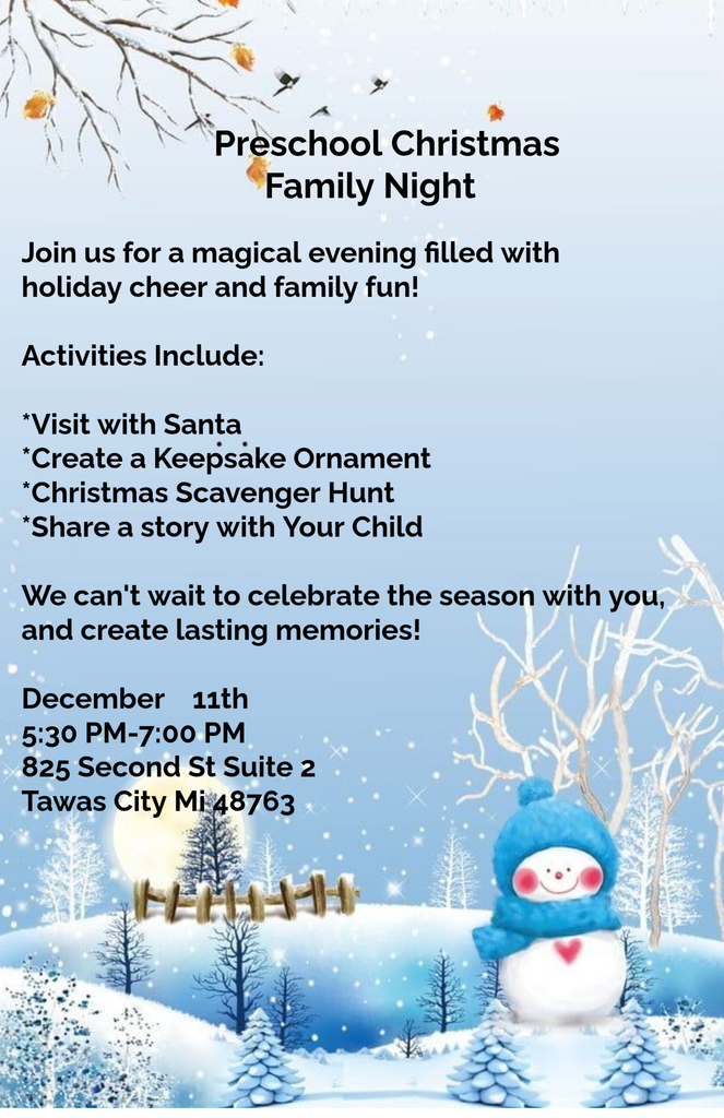Winter scene. Details for Preschool Christmas Family Night. December 11, 2025, 5:30 p.m. - 7:00 p.m., 825 Second St Suite 2, Tawas City, MI 48763