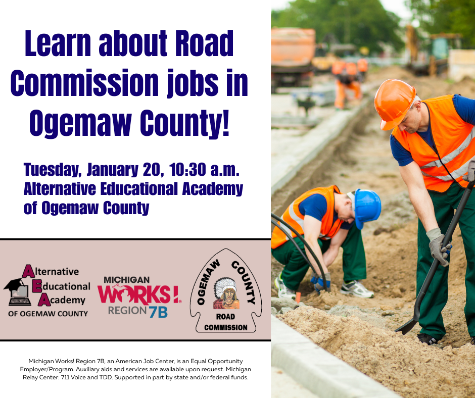 road commission job graphic. event at West Branch campus january 20, 2026 10:30 am