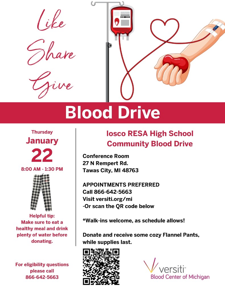 Blood Drive, January  22, 2026, 8:00 AM to 1:30 @ IRESA