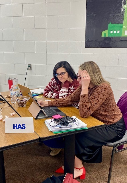 two women looking at something on a laptop screen