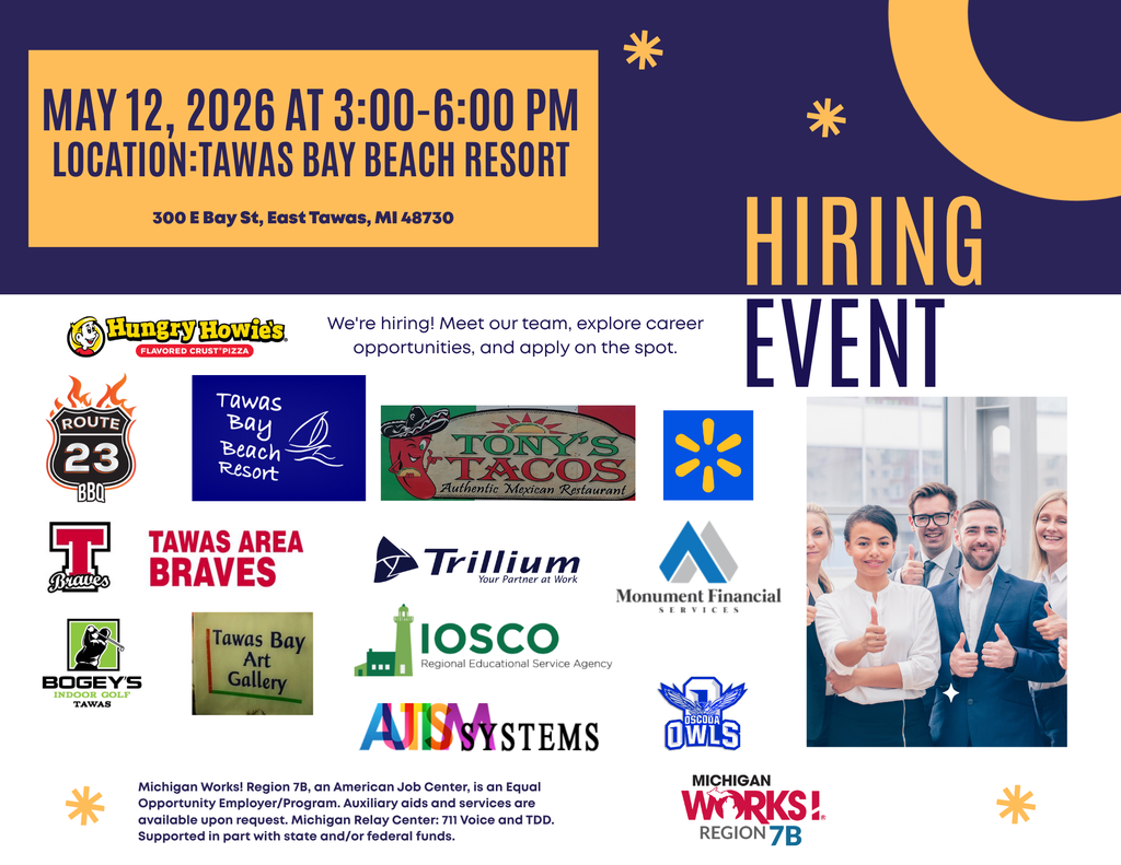 hiring event flyer: May 12, 2026 3-6:00 at the Tawas Bay Beach Resort