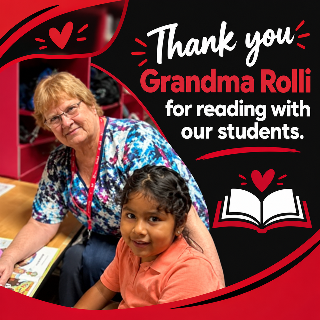 Picture of Grandma Rolli reading with a student outside of a classroom. The post says Thank you Grandma Rolli for reading with our students.