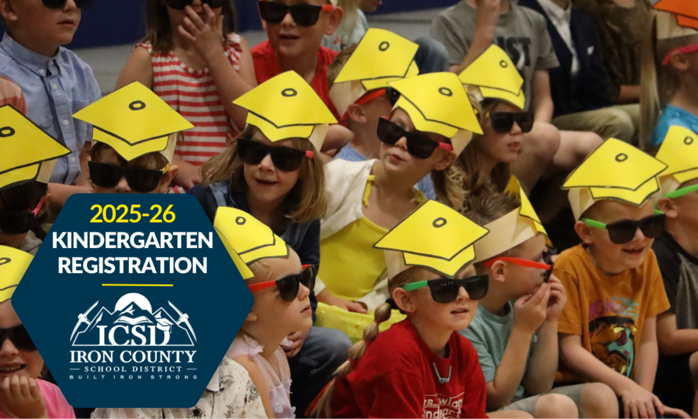 2025-26 Kindergarten Registration with picture of kids in graduation caps