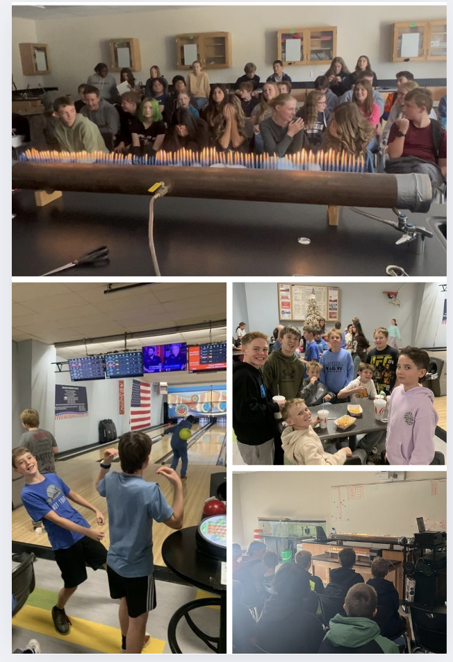 pic of students watching flame tube and 6th graders bowling