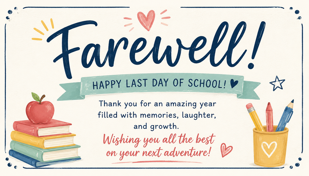 Pictures of books and pencils. Message says farewell