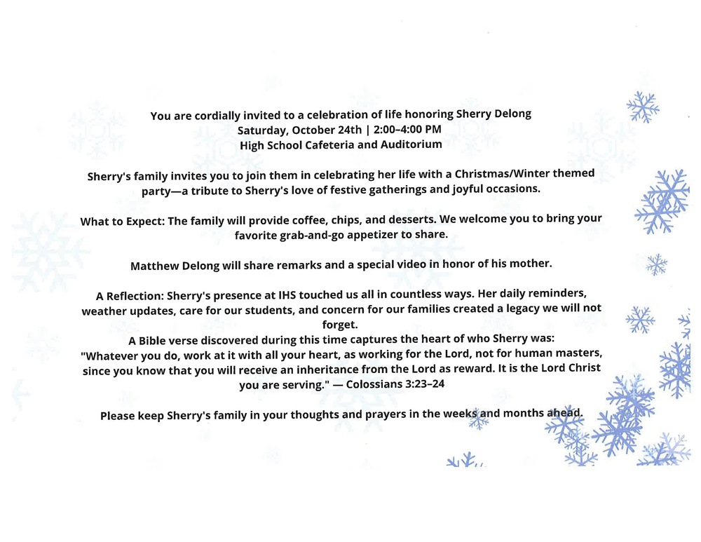 Celebration of Life invitation graphic for Sherry Delong on Saturday, October 24, 2:00–4:00 PM at High School Cafeteria and Auditorium. Includes event details, program reflection, and decorative snowflake border.