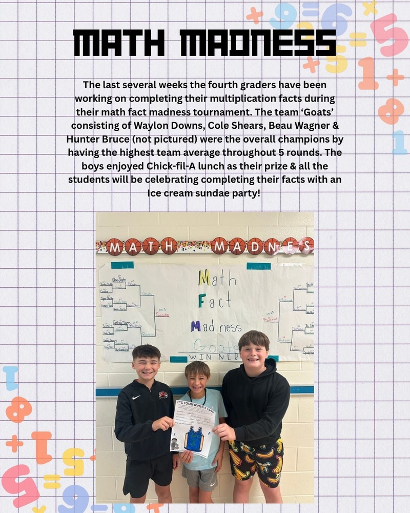 Pictured: Math Fact Madness Tournament winners Waylon Downs, Cole Shears, & Beau Wagner