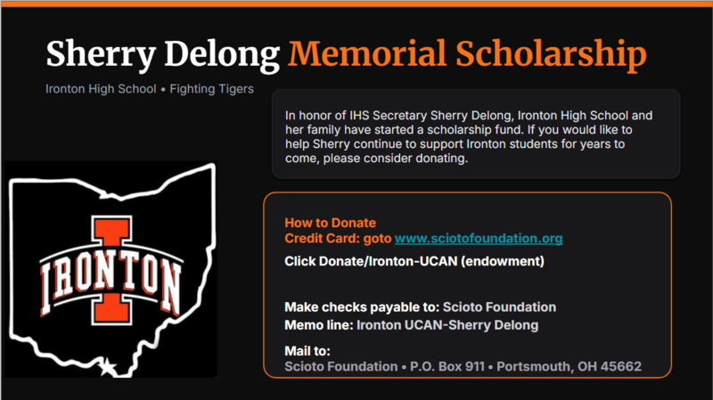 Sherry Delong Memorial Scholarship donation flyer containing information on how to donate to the Scioto Foundation.