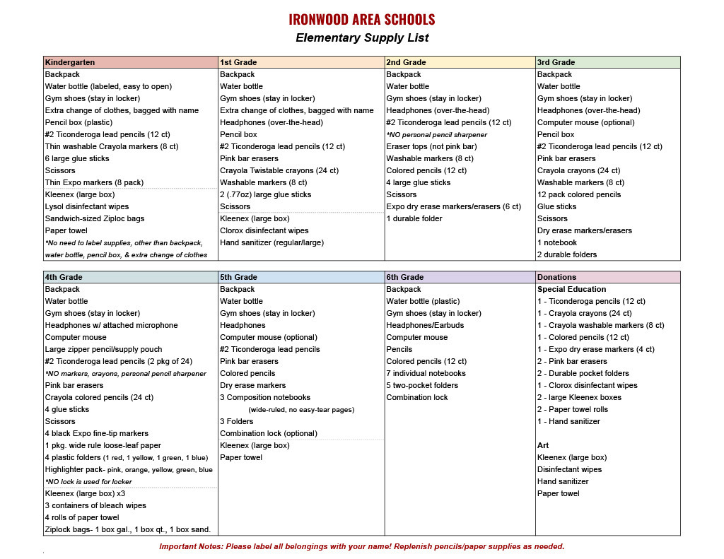 K-6 Supply List