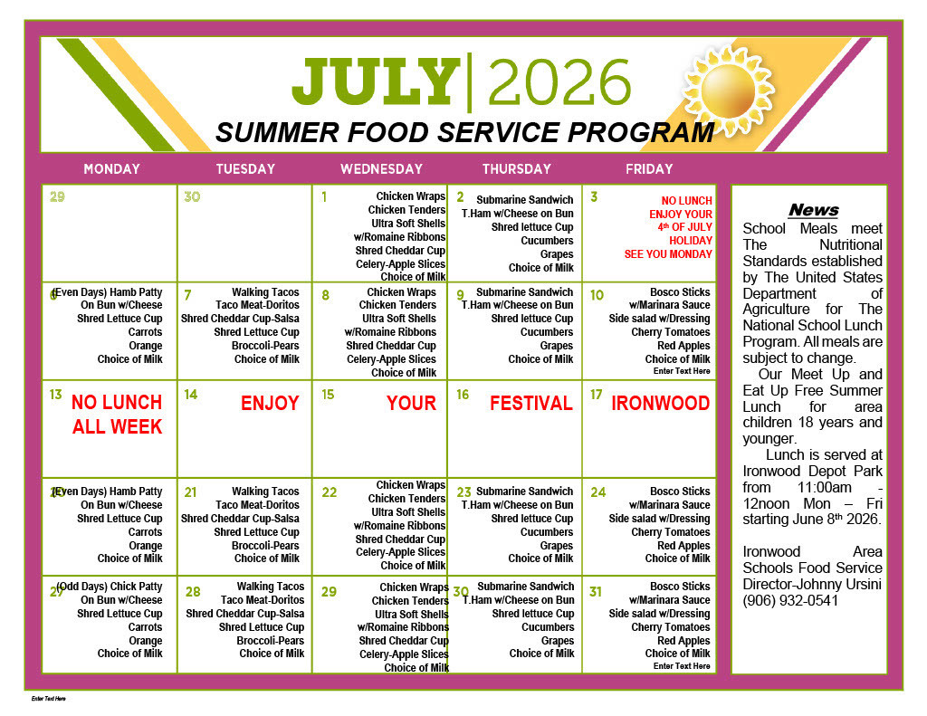 Summer Lunch Menu July 2026