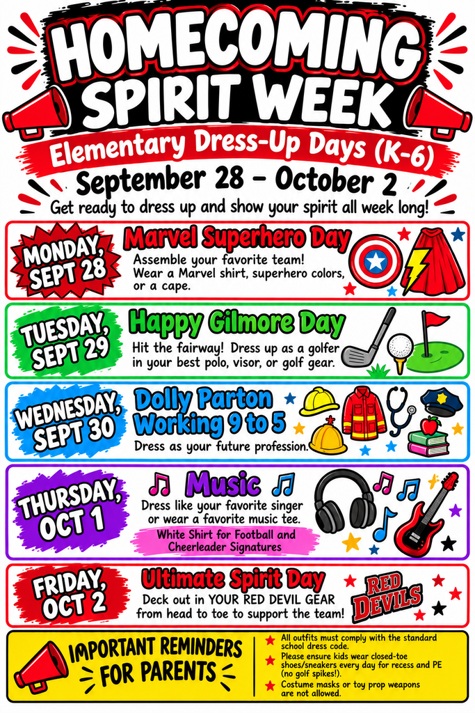 Homecoming Spirit Week Elementary Dress-Up Days K-6