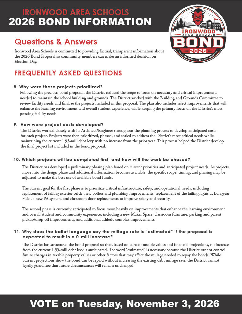 Ironwood Area Schools 2026 Bond Information Questions and Answers