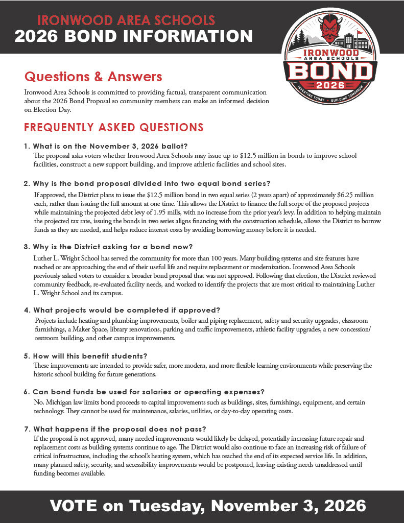 Ironwood Area Schools 2026 Bond Information Questions and Answers