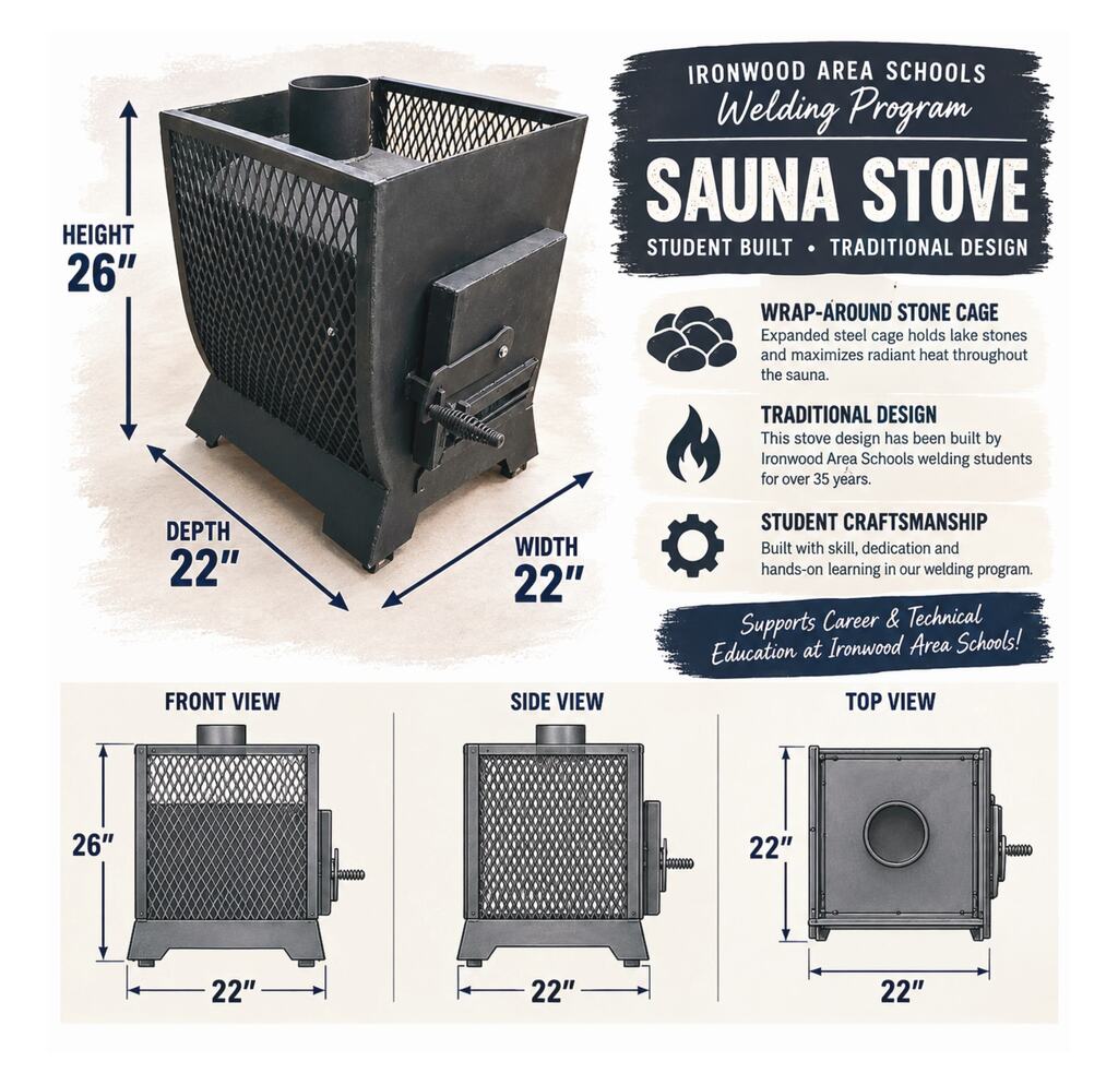 Ironwood Area Schools Student Built Sauna Stove Auction 2026