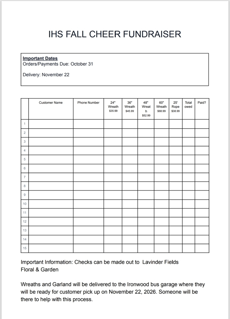 Ironwood High School Fall Cheer Fundraiser 2026 Purchase Chart