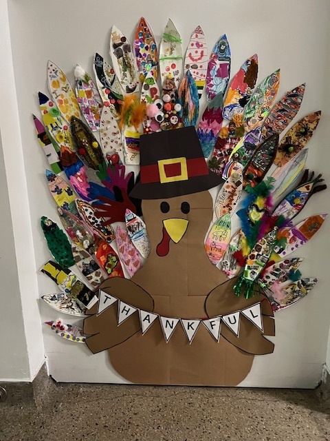 A decorated turkey on a classroom door