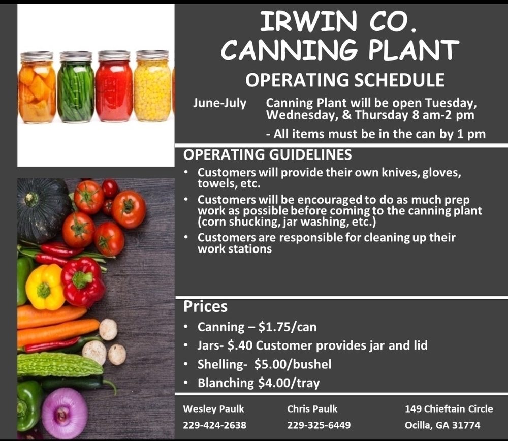 Irwin County Canning Plant Operating Schedule Irwin County Elementary