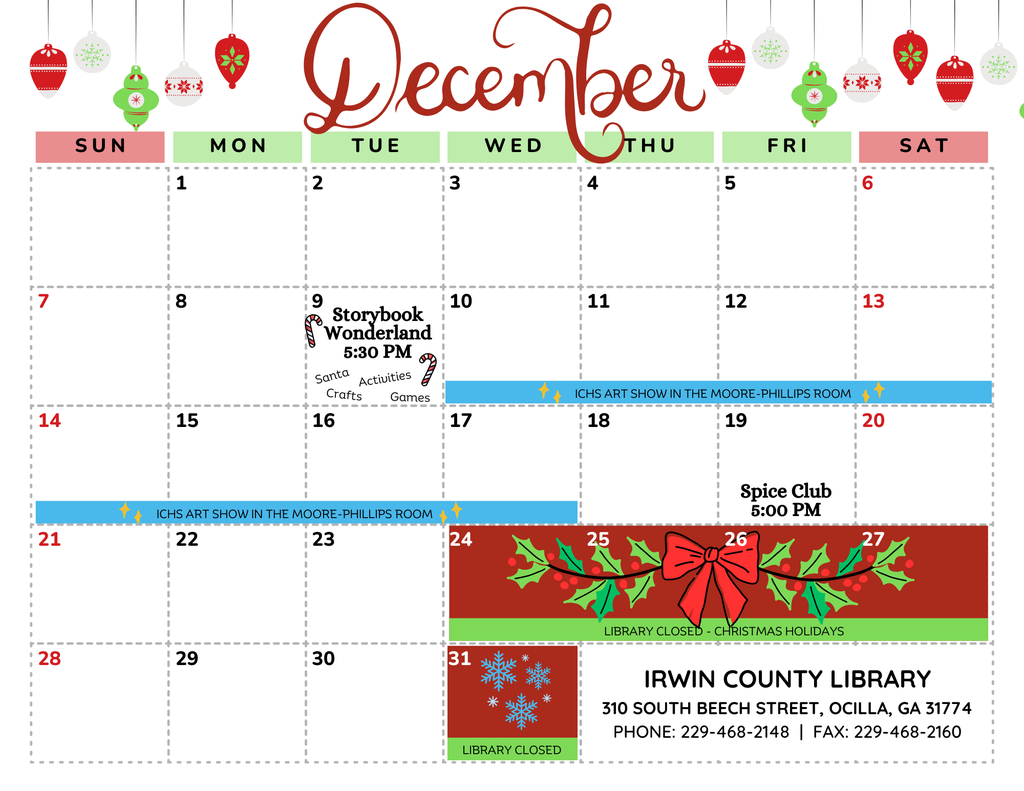 public library calendar for dec.