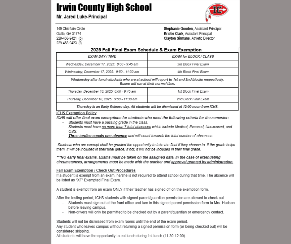 ICHS Finals information