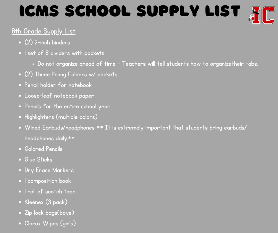 8th grade supply lists