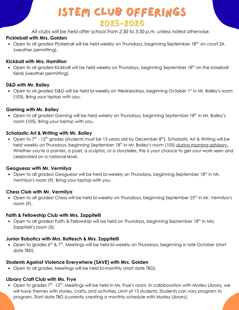 iSTEM Club Offerings 2025-2026