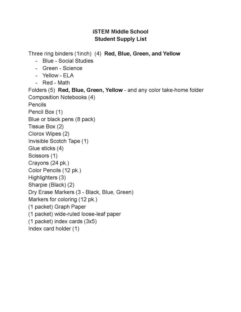 Middle School Supply List