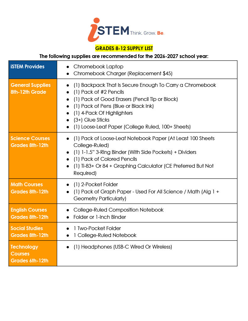 8-12 Supply List