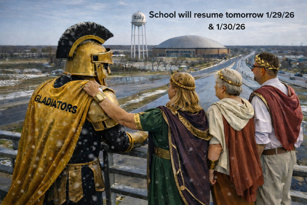 Roman figures overlooking Italy, Texas