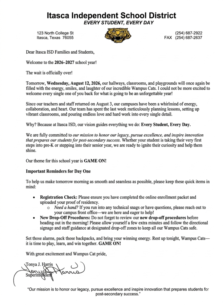welcome back letter