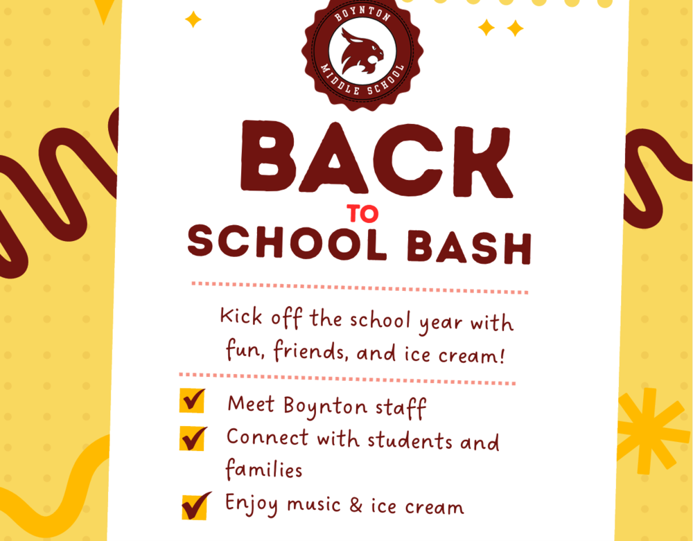 An invitation poster for a Back to School Bash with the header "BACK TO SCHOOL BASH". Text reads "Kick off the school year with fun, friends, and ice cream!"