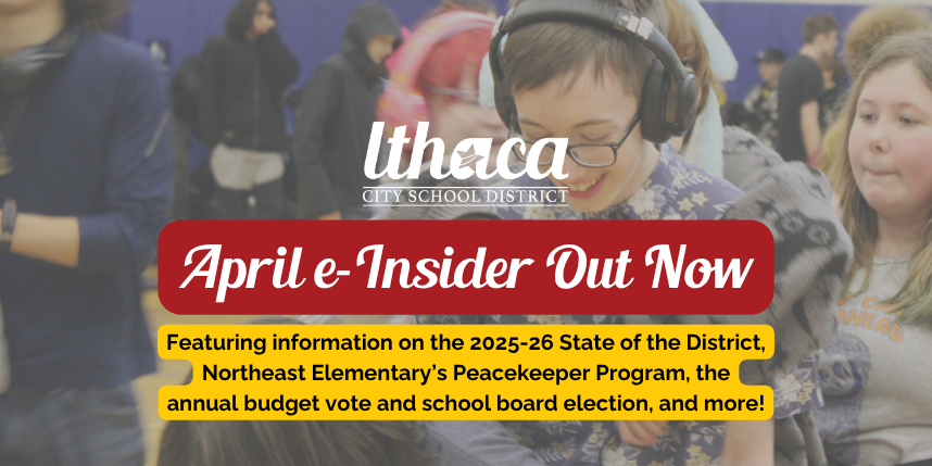 Crowd of students indoors, one smiling, wearing headphones, and a "Utica" text overlay. Advertisement for April e-Insider.